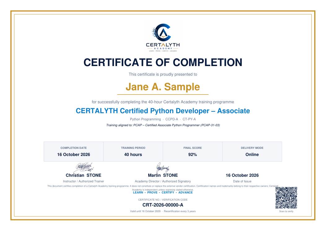 Sample Certalyth Academy certificate